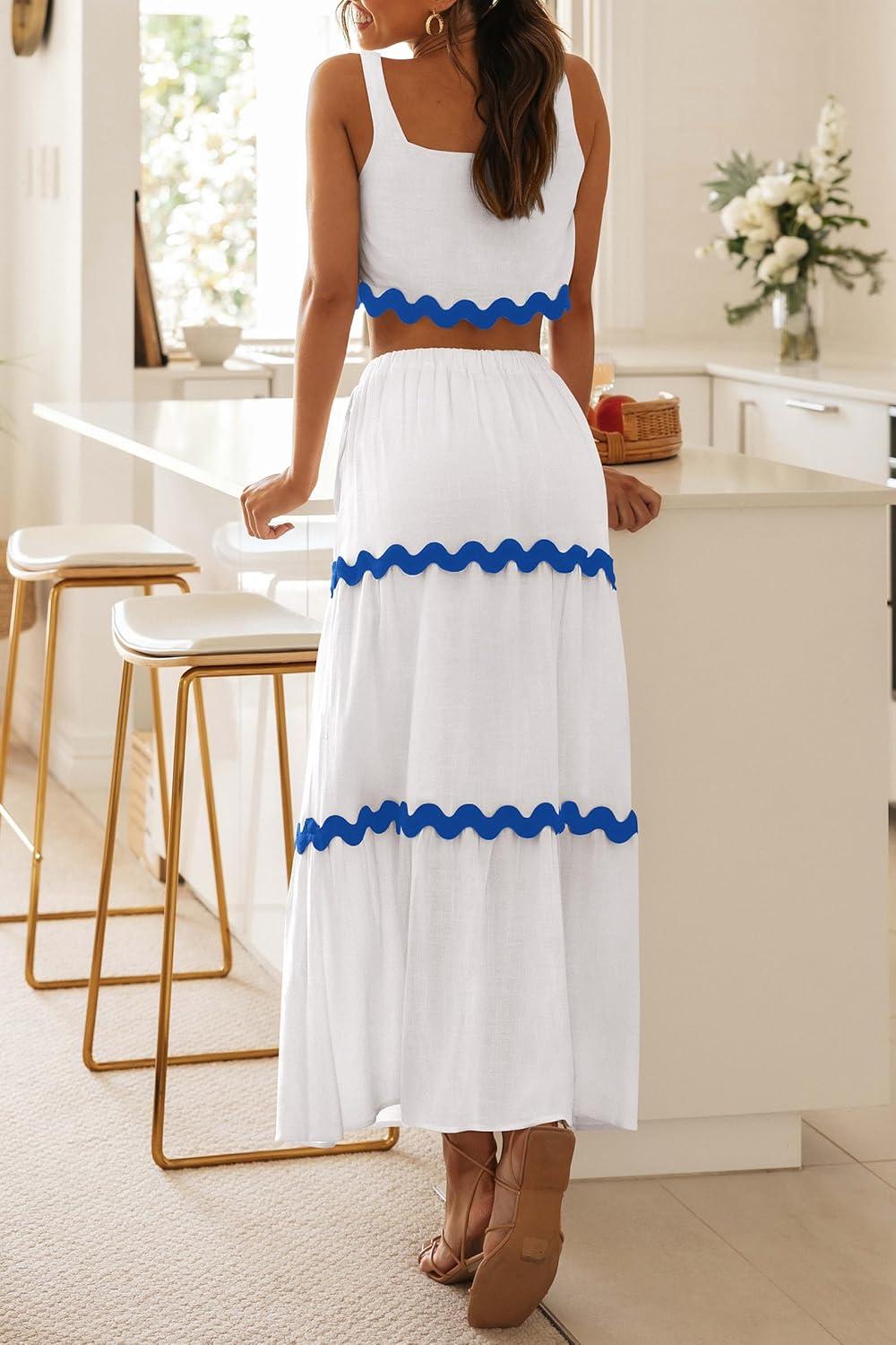 imagePRETTYGARDEN Womens Summer 2 Piece Beach Outfit Casual Sleeveless Cropped Tank Top High Waisted Maxi Skirt Set