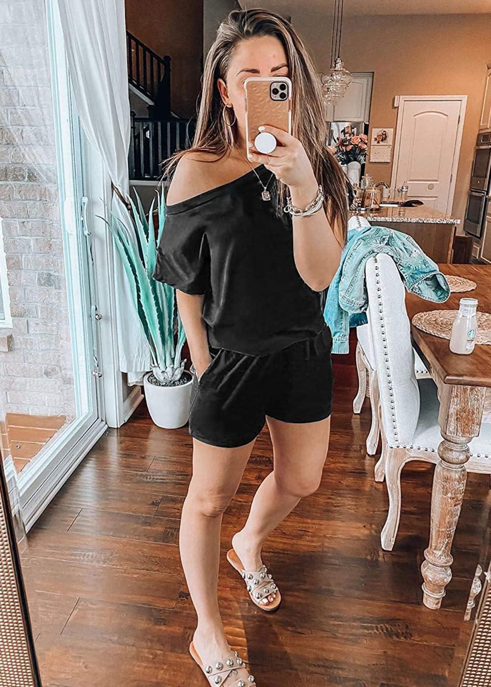 imagePRETTYGARDEN Womens Summer Casual Off Shoulder Rompers Short Sleeve Loose One Piece Jumpsuit with Pockets