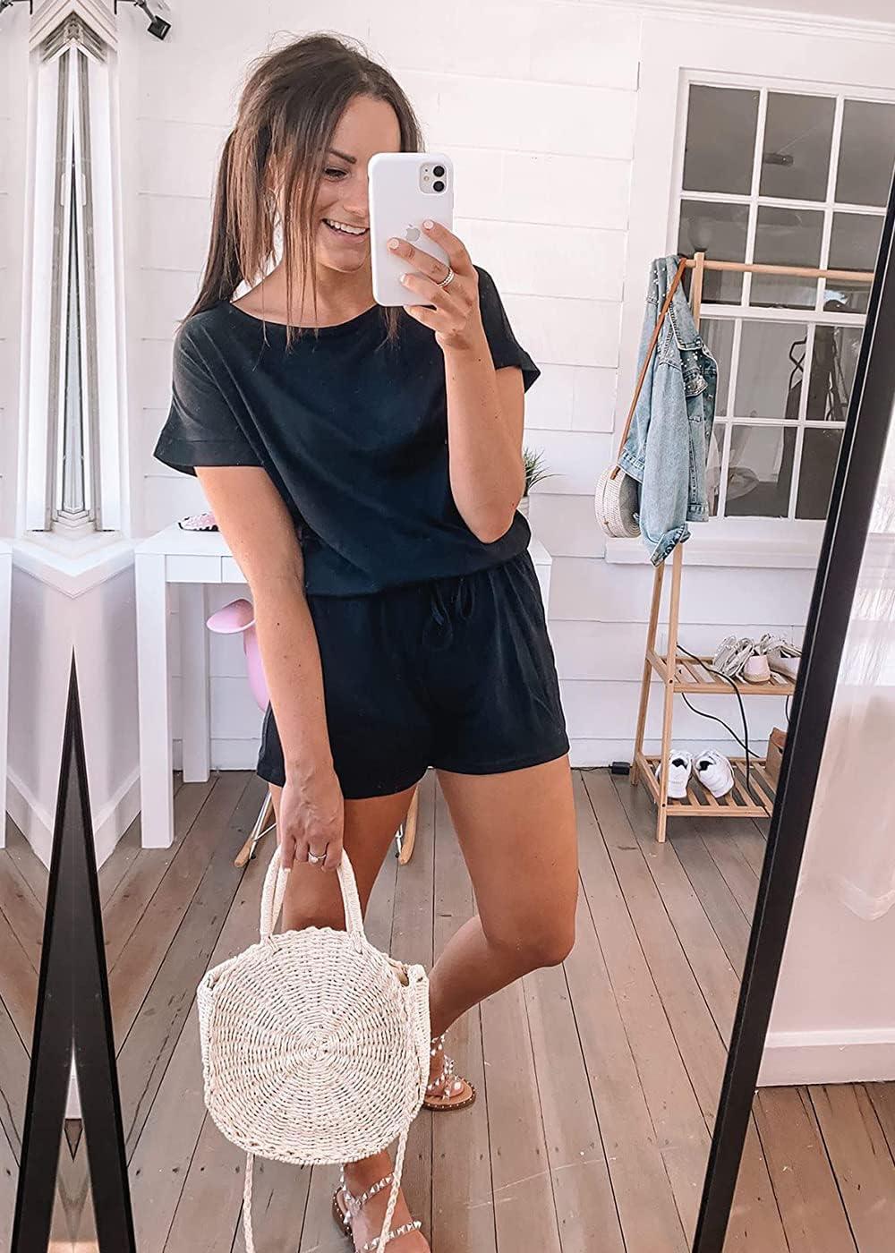 imagePRETTYGARDEN Womens Summer Casual Off Shoulder Rompers Short Sleeve Loose One Piece Jumpsuit with Pockets