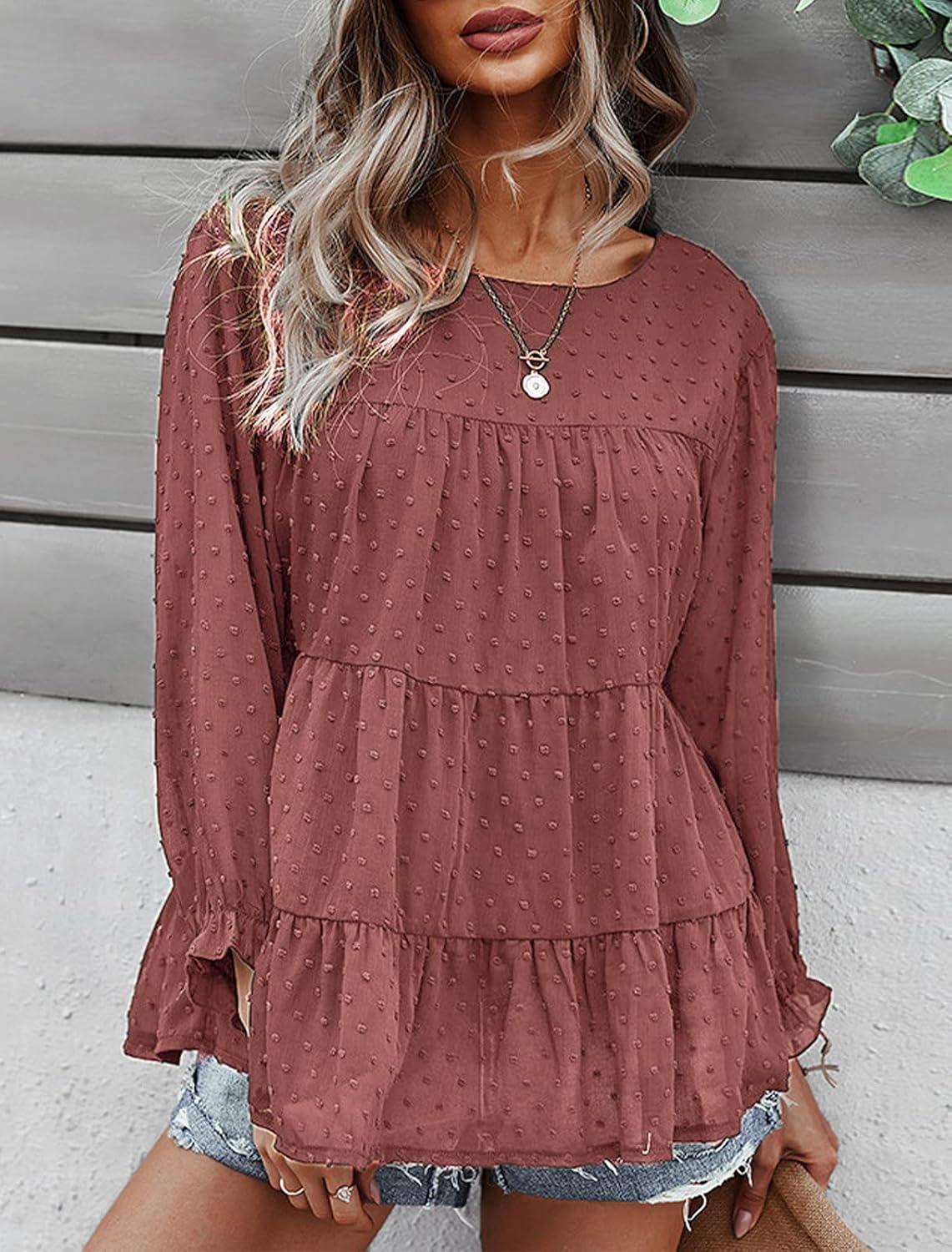 imagePRETTYGARDEN Womens Summer Loose Chiffon Blouse Mesh Long Sleeve Casual Round Neck Peplum Tops