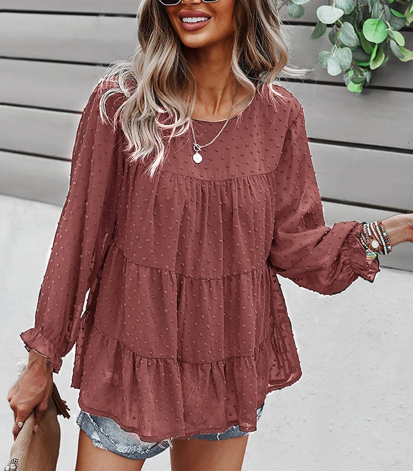 imagePRETTYGARDEN Womens Summer Loose Chiffon Blouse Mesh Long Sleeve Casual Round Neck Peplum Tops