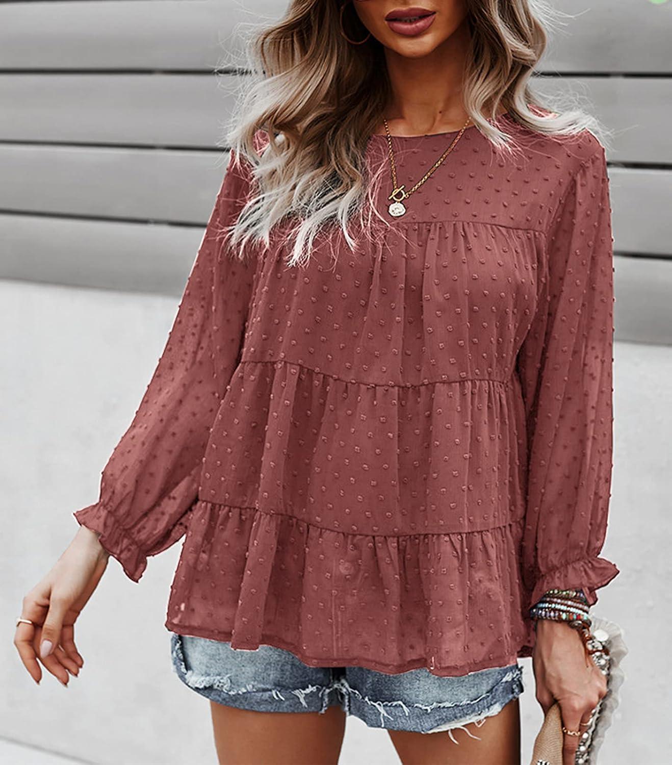 imagePRETTYGARDEN Womens Summer Loose Chiffon Blouse Mesh Long Sleeve Casual Round Neck Peplum Tops