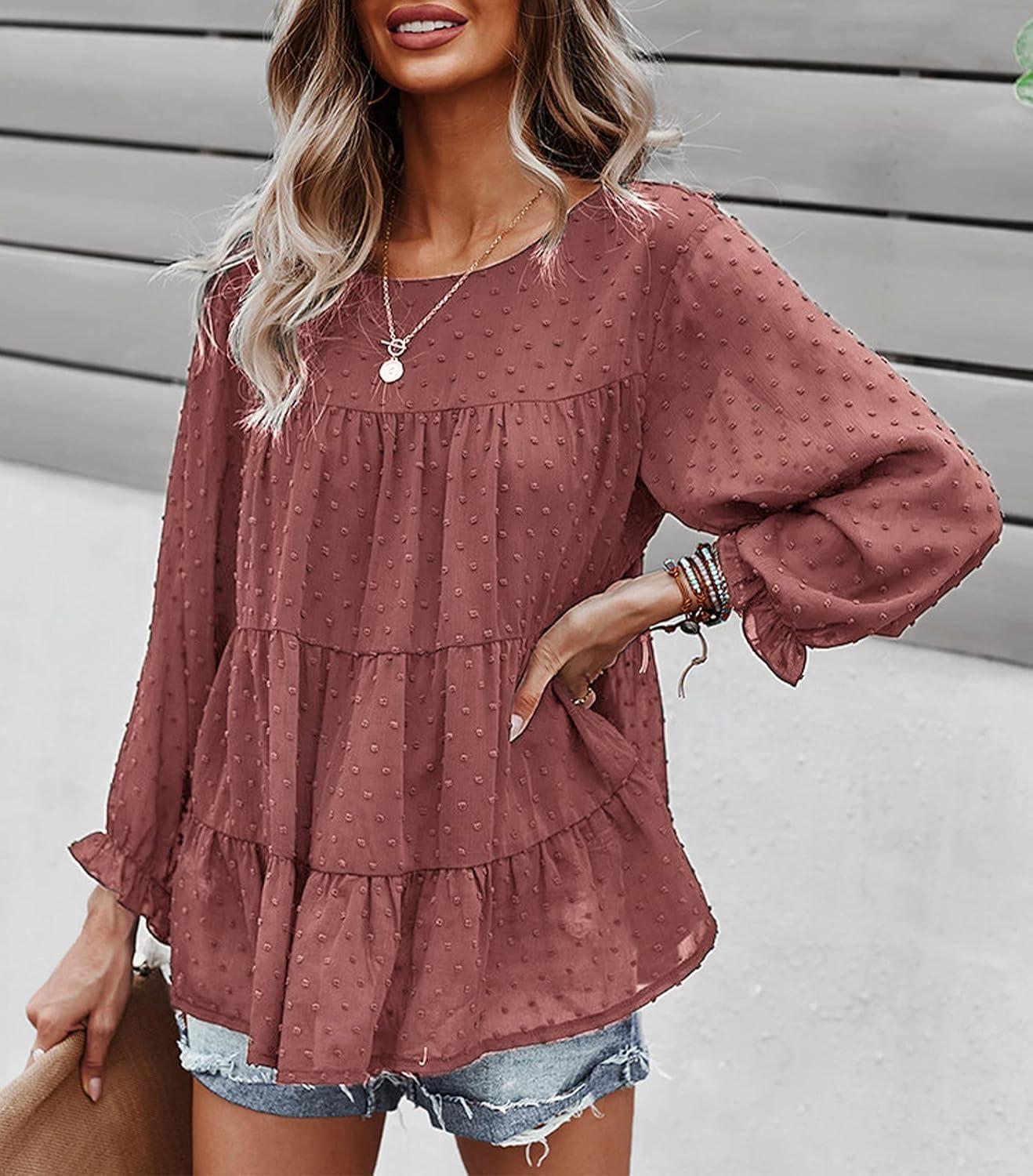 imagePRETTYGARDEN Womens Summer Loose Chiffon Blouse Mesh Long Sleeve Casual Round Neck Peplum Tops