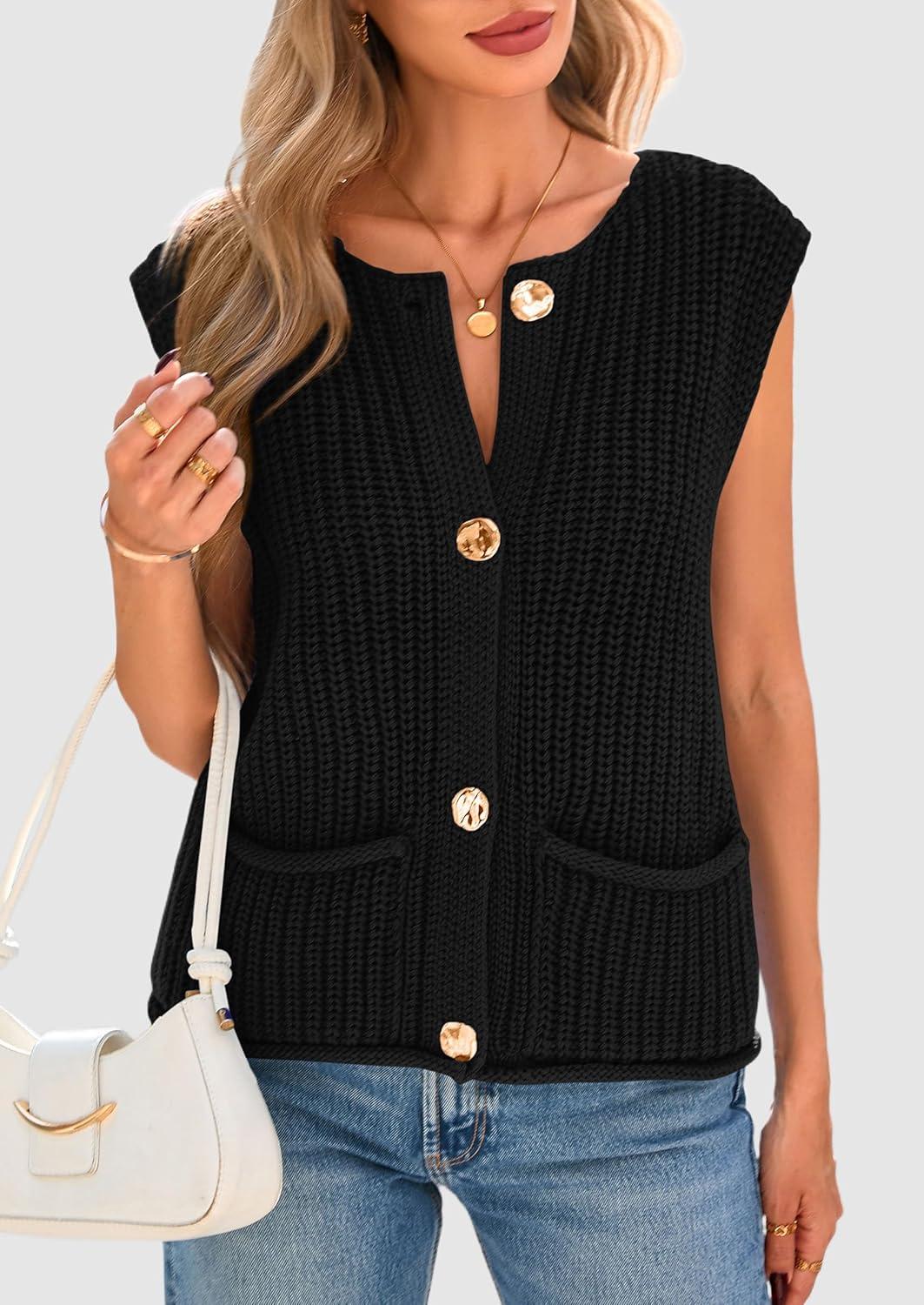 imagePRETTYGARDEN Womens Summer Sweaters Vest 2025 Sleeveless Button Down Cropped Pockets Chunky Knit Cardigan Trendy Tank TopsBlack