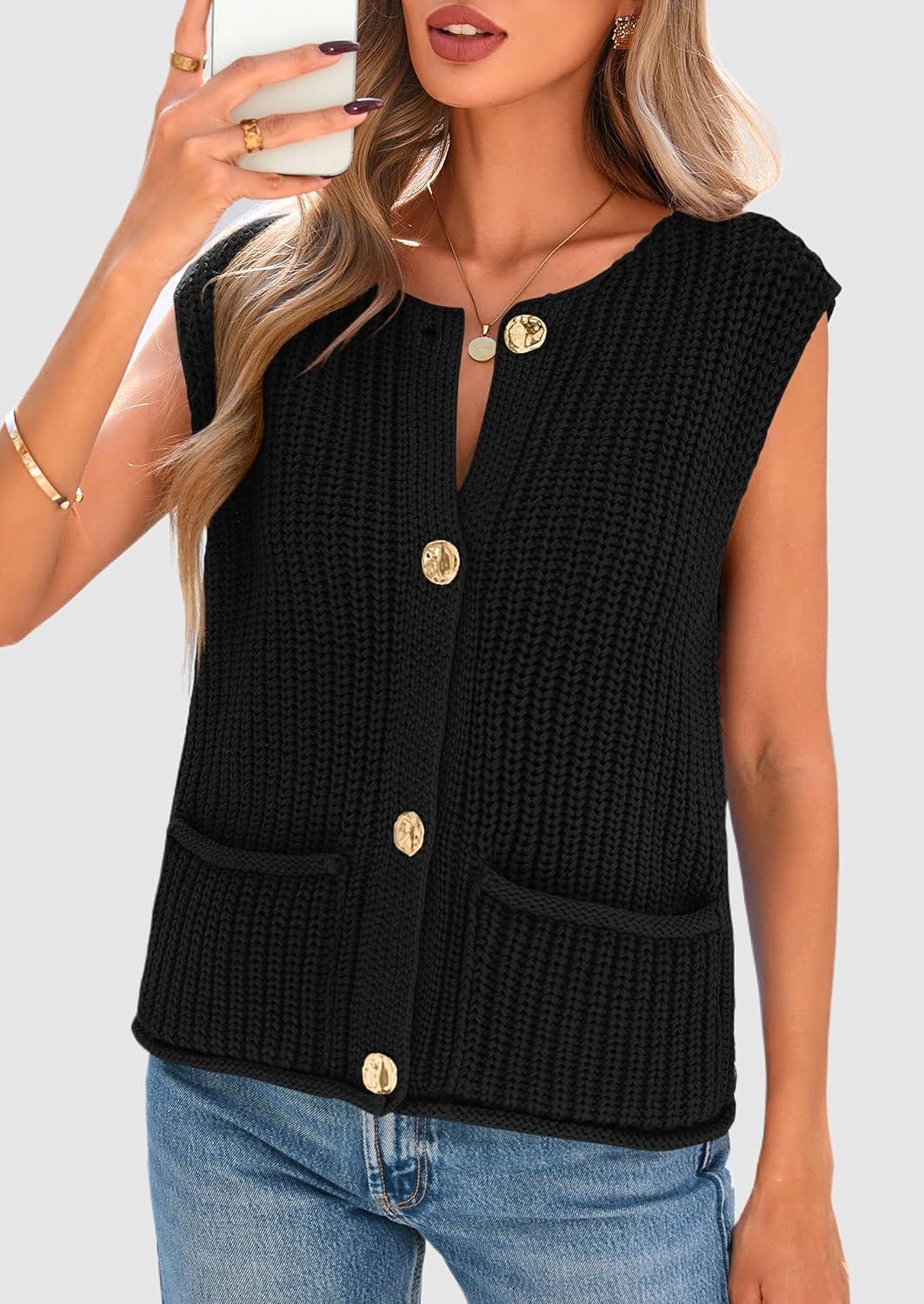 imagePRETTYGARDEN Womens Summer Sweaters Vest 2025 Sleeveless Button Down Cropped Pockets Chunky Knit Cardigan Trendy Tank TopsBlack