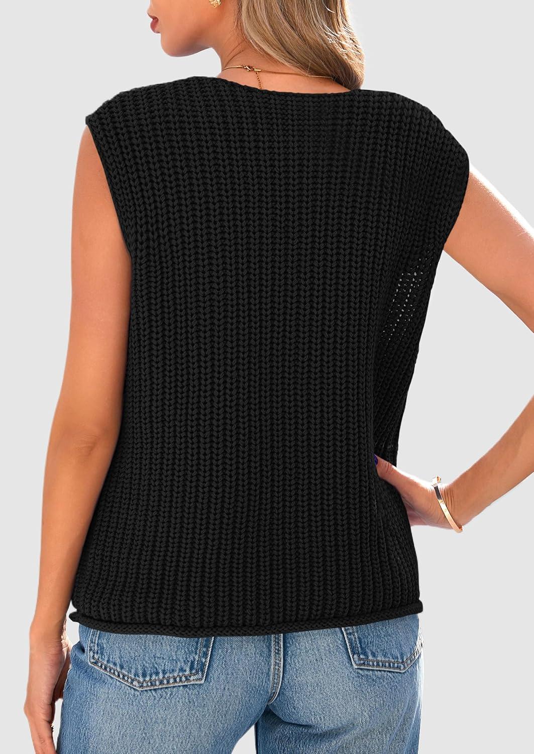 imagePRETTYGARDEN Womens Summer Sweaters Vest 2025 Sleeveless Button Down Cropped Pockets Chunky Knit Cardigan Trendy Tank TopsBlack