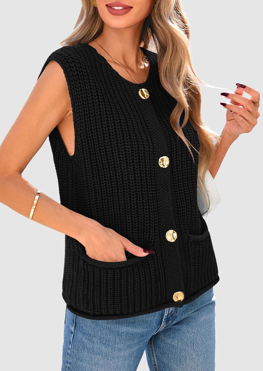 imagePRETTYGARDEN Womens Summer Sweaters Vest 2025 Sleeveless Button Down Cropped Pockets Chunky Knit Cardigan Trendy Tank TopsBlack
