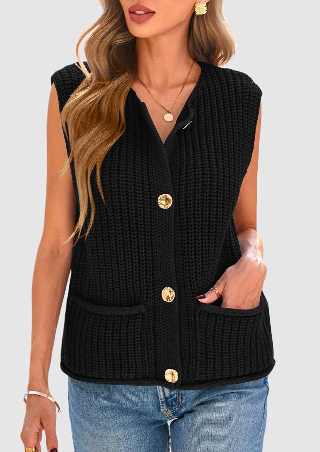 imagePRETTYGARDEN Womens Summer Sweaters Vest 2025 Sleeveless Button Down Cropped Pockets Chunky Knit Cardigan Trendy Tank TopsBlack