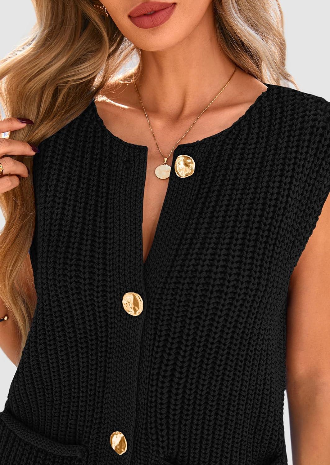 imagePRETTYGARDEN Womens Summer Sweaters Vest 2025 Sleeveless Button Down Cropped Pockets Chunky Knit Cardigan Trendy Tank TopsBlack