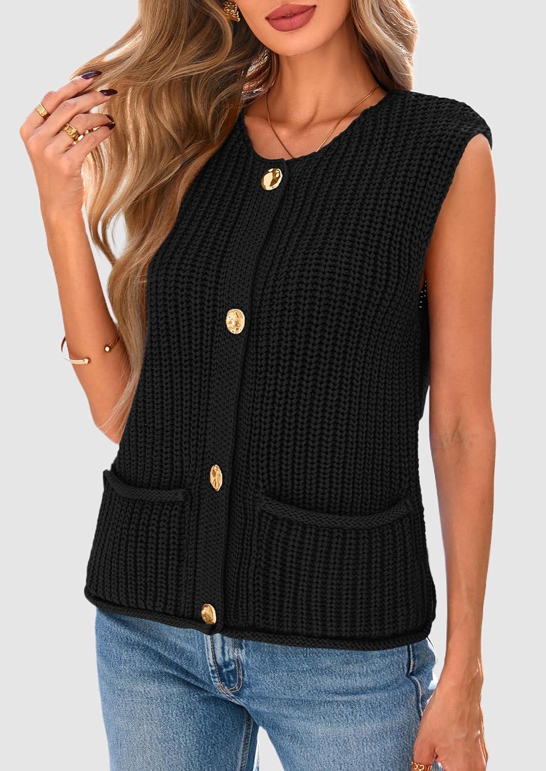 imagePRETTYGARDEN Womens Summer Sweaters Vest 2025 Sleeveless Button Down Cropped Pockets Chunky Knit Cardigan Trendy Tank TopsBlack
