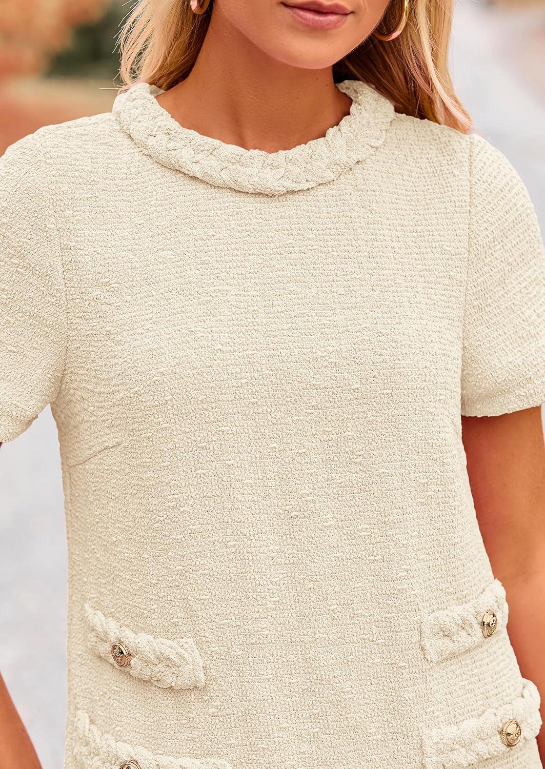 imagePRETTYGARDEN Womens Summer Tweed Short Dress Crewneck Short Sleeve A Line Mini Casual Elegant Cute Party Vintage Dresses