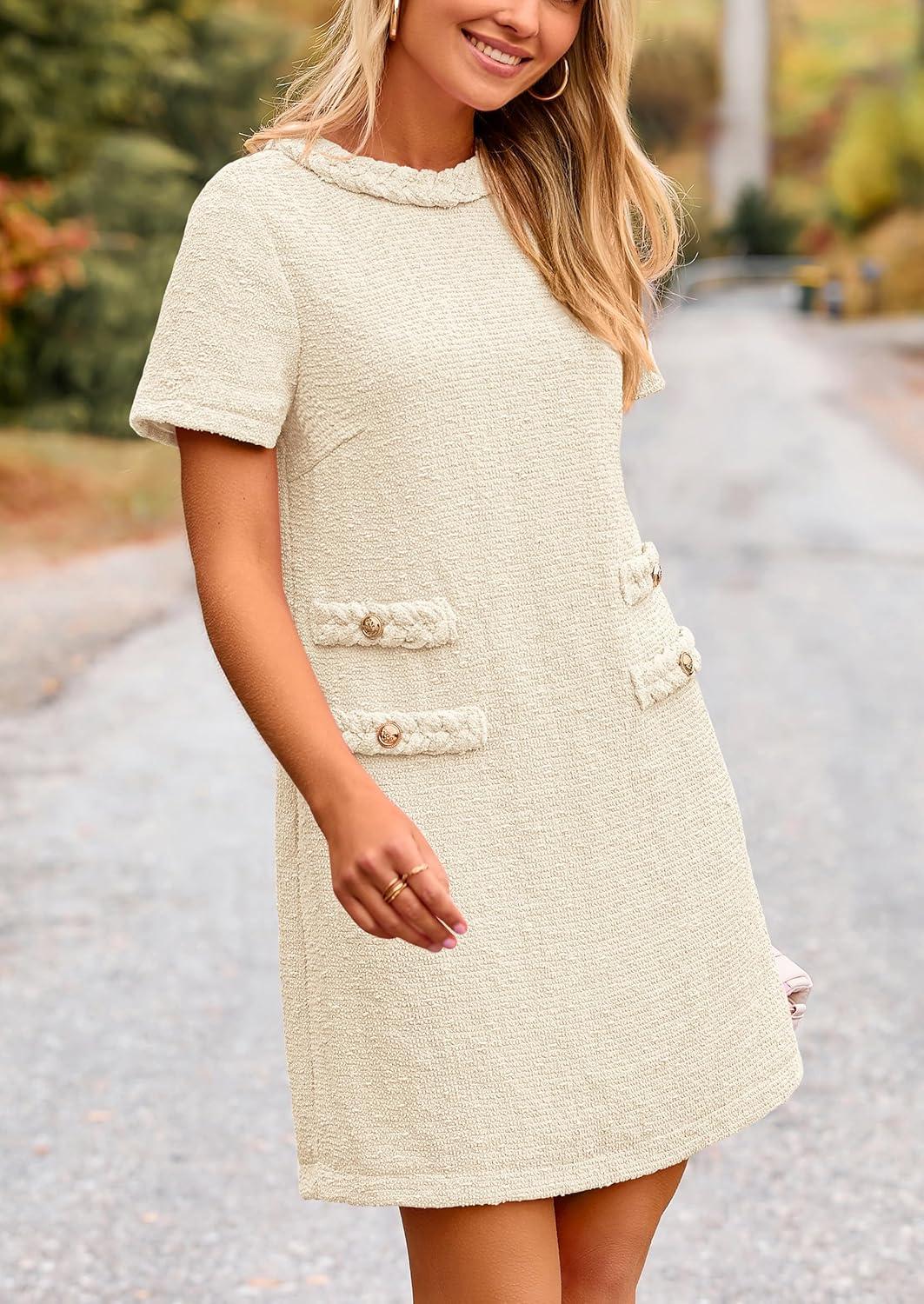 imagePRETTYGARDEN Womens Summer Tweed Short Dress Crewneck Short Sleeve A Line Mini Casual Elegant Cute Party Vintage Dresses