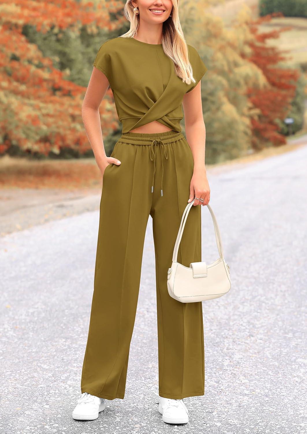 imagePRETTYGARDEN Womens Summer Two Piece Outfits Tracksuit Twist Front Crop Tops T Shirts Wide Leg Pants Matching Lounge Sets Army GreenMedium