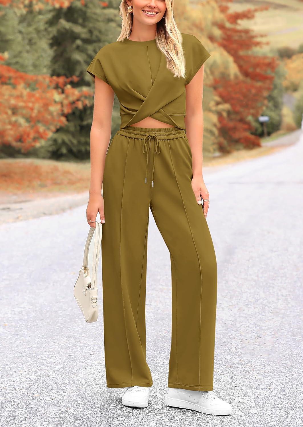imagePRETTYGARDEN Womens Summer Two Piece Outfits Tracksuit Twist Front Crop Tops T Shirts Wide Leg Pants Matching Lounge Sets Army GreenMedium