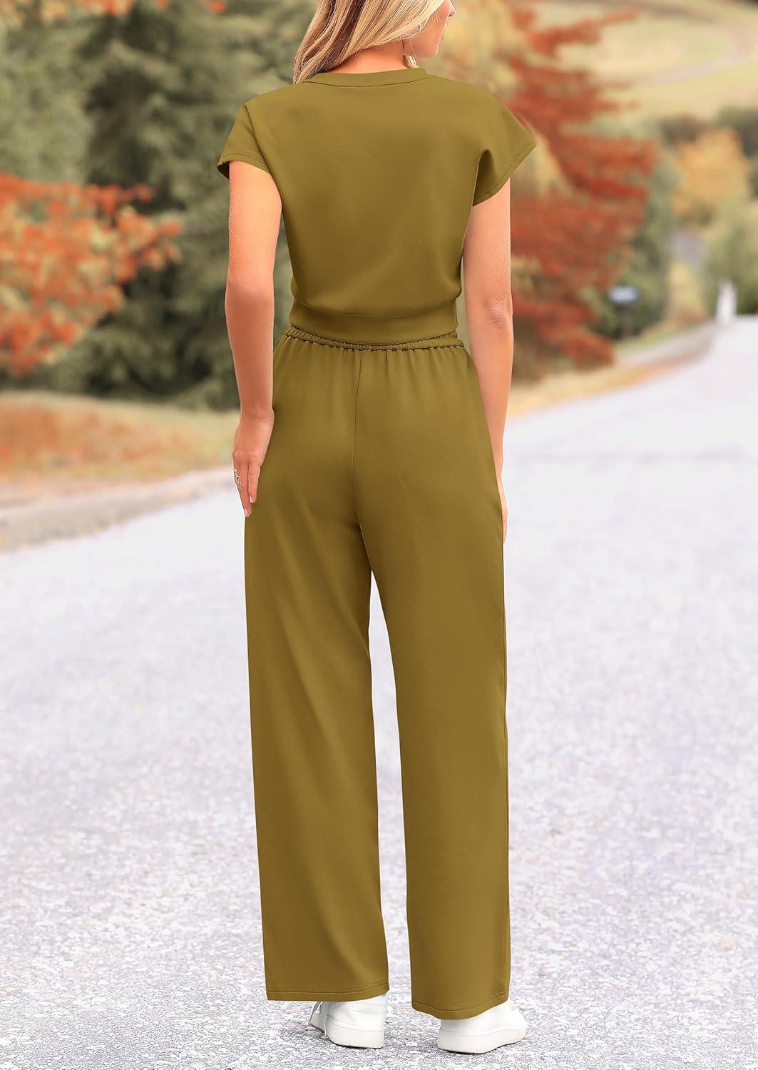 imagePRETTYGARDEN Womens Summer Two Piece Outfits Tracksuit Twist Front Crop Tops T Shirts Wide Leg Pants Matching Lounge Sets Army GreenMedium