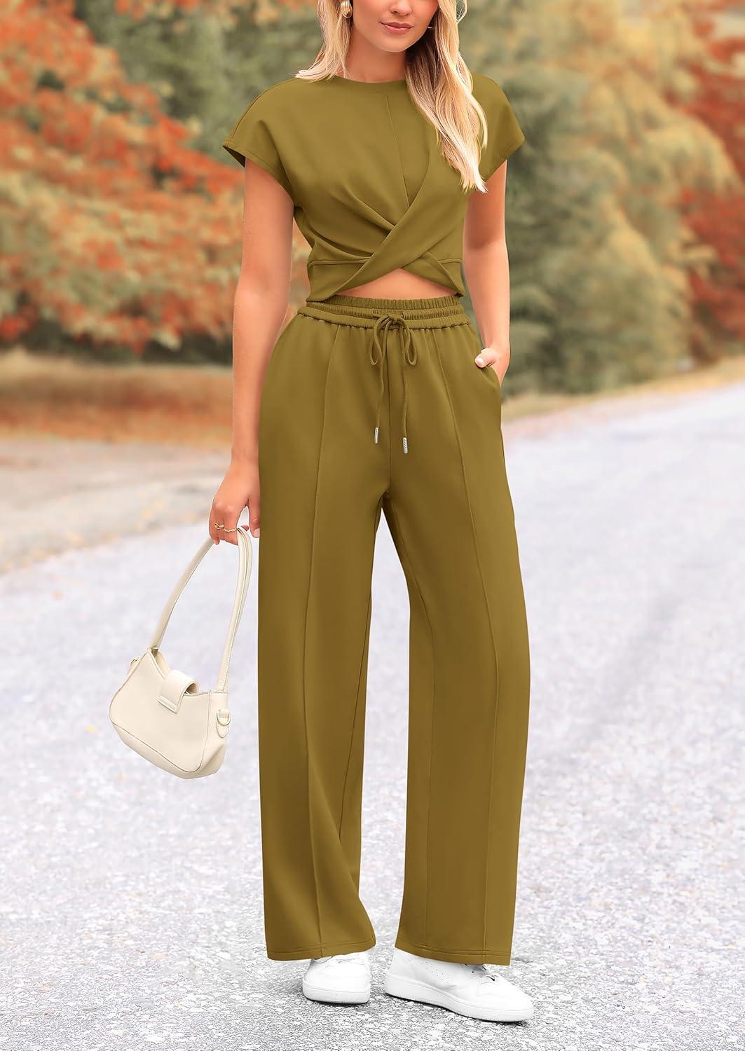 imagePRETTYGARDEN Womens Summer Two Piece Outfits Tracksuit Twist Front Crop Tops T Shirts Wide Leg Pants Matching Lounge Sets Army GreenMedium