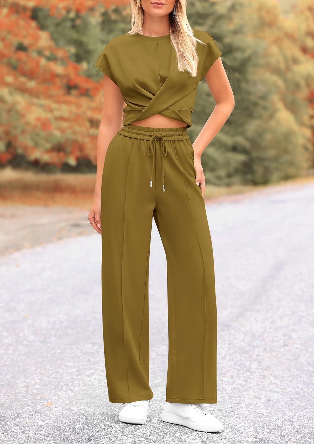 imagePRETTYGARDEN Womens Summer Two Piece Outfits Tracksuit Twist Front Crop Tops T Shirts Wide Leg Pants Matching Lounge Sets Army GreenMedium
