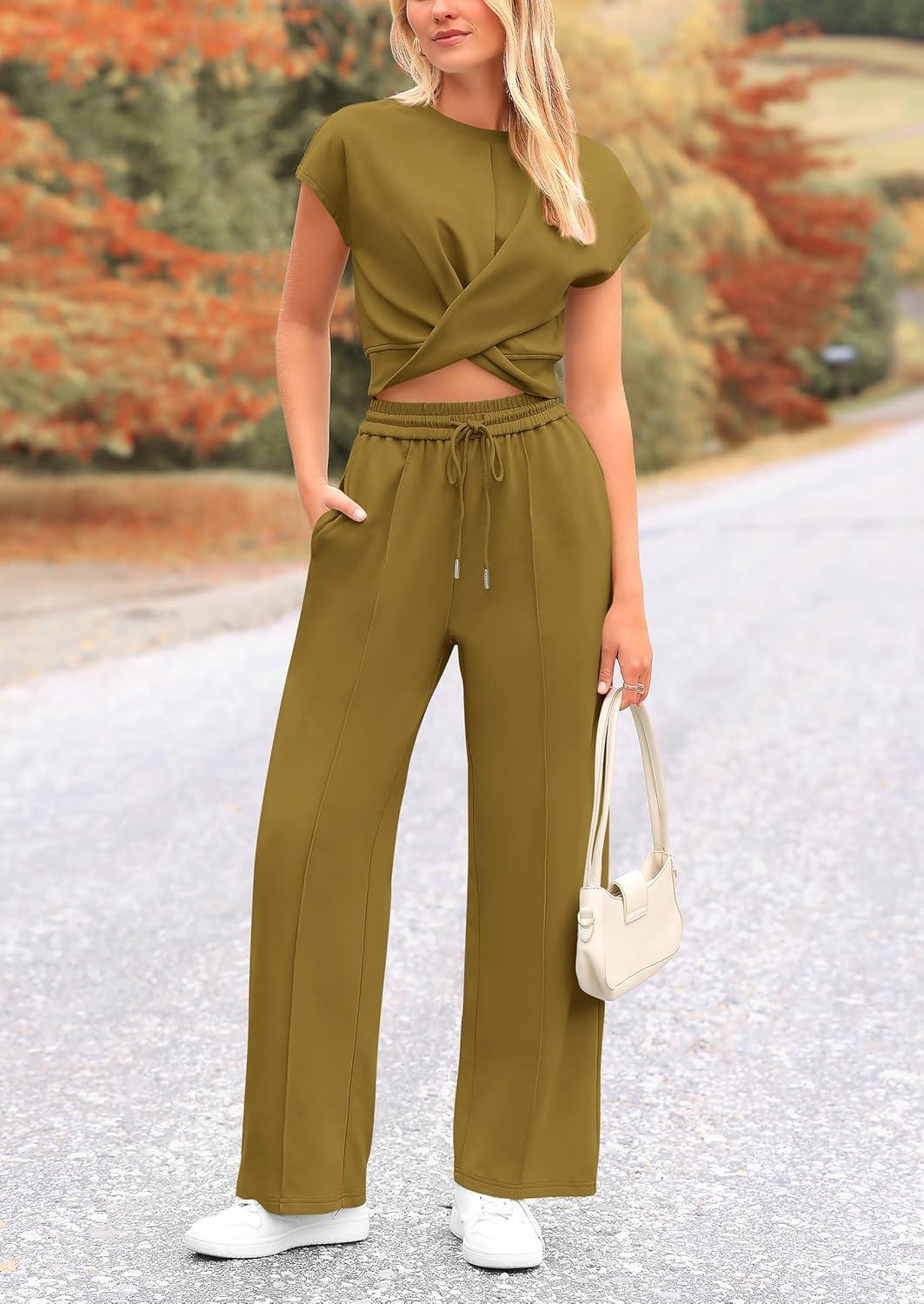 imagePRETTYGARDEN Womens Summer Two Piece Outfits Tracksuit Twist Front Crop Tops T Shirts Wide Leg Pants Matching Lounge Sets Army GreenMedium