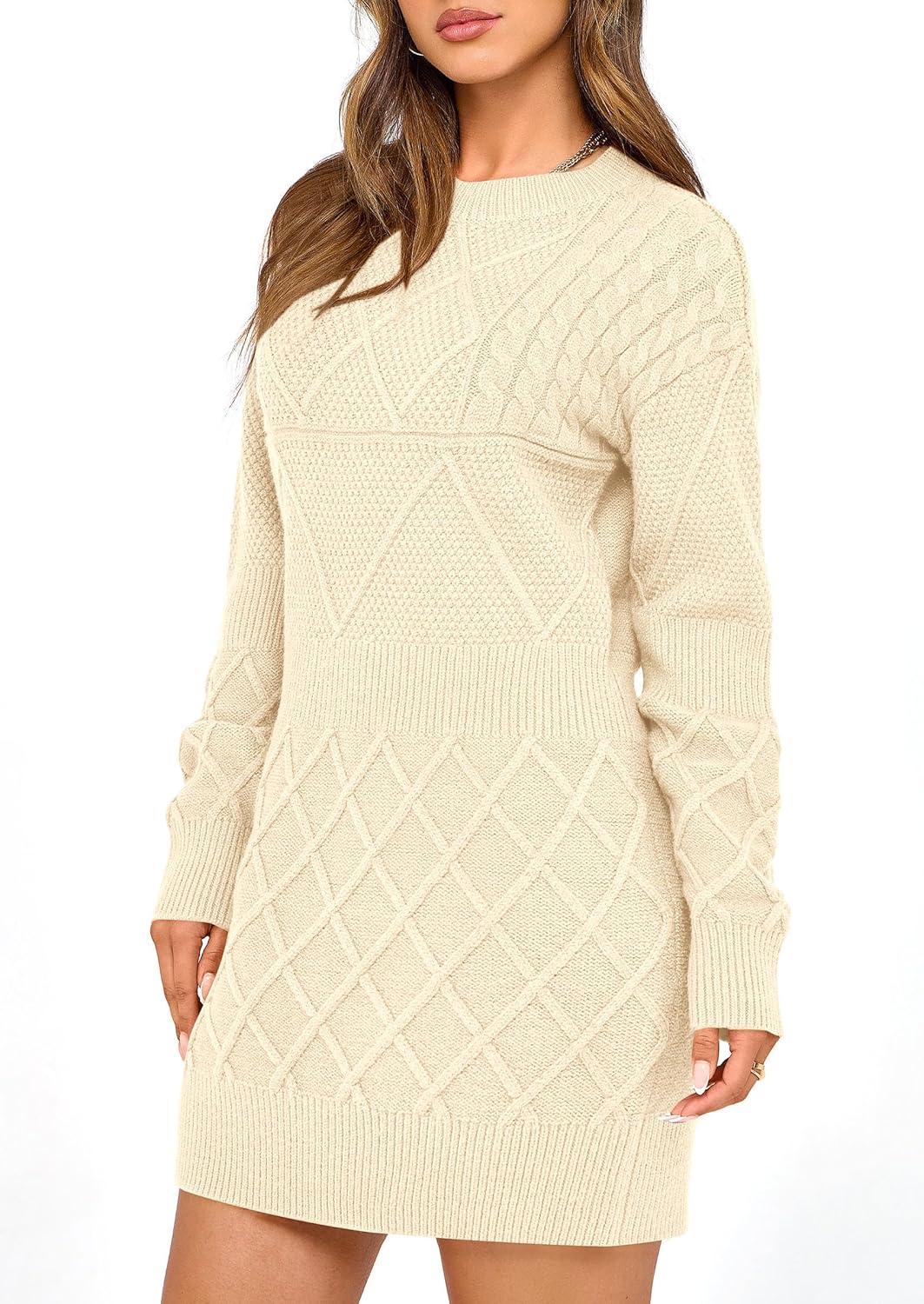 imagePRETTYGARDEN Womens Winter Long Sleeve Short Sweater Dress Chunky Ribbed Knit Tunic Pullover Oversized Fall Sweaters ApricotMedium