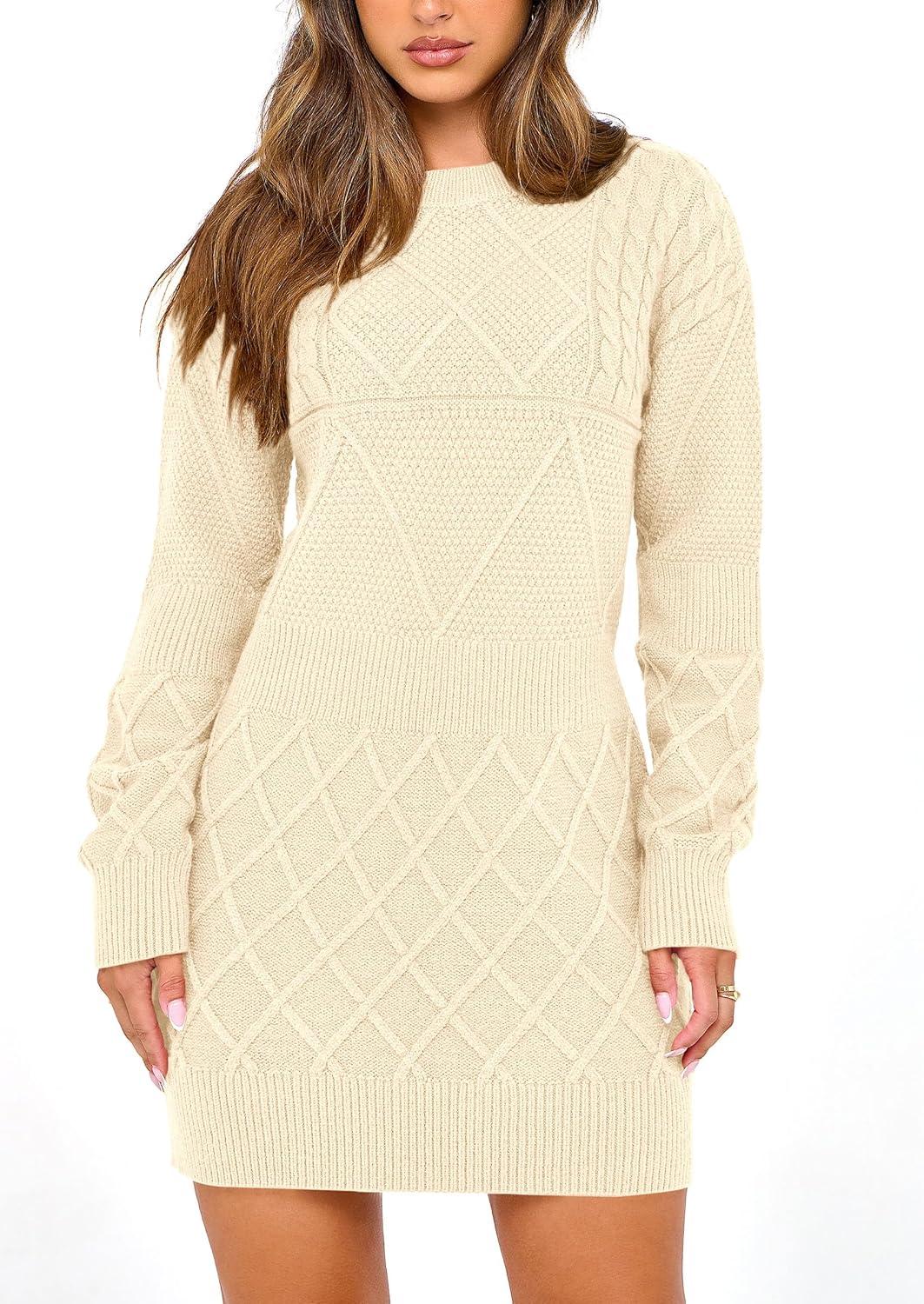 imagePRETTYGARDEN Womens Winter Long Sleeve Short Sweater Dress Chunky Ribbed Knit Tunic Pullover Oversized Fall Sweaters ApricotMedium