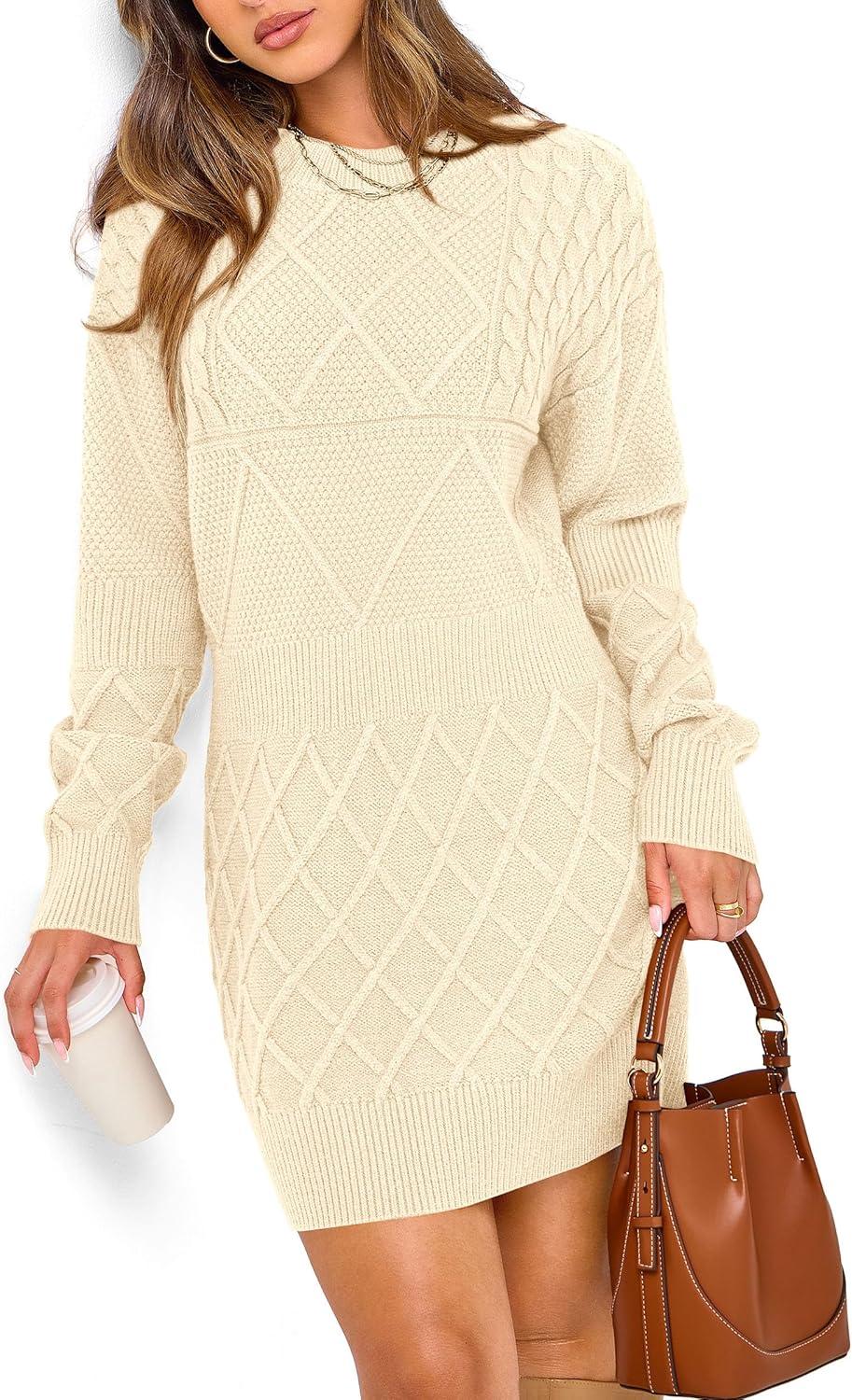 imagePRETTYGARDEN Womens Winter Long Sleeve Short Sweater Dress Chunky Ribbed Knit Tunic Pullover Oversized Fall Sweaters ApricotMedium