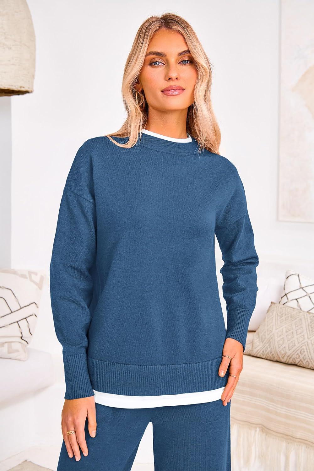 imagePRETTYGARDEN Womens Winter Two Piece Matching Sweater Lounge Sets Knit Long Sleeve Pullover Tops Wide Leg Pants Tracksuits Grey BlueMedium