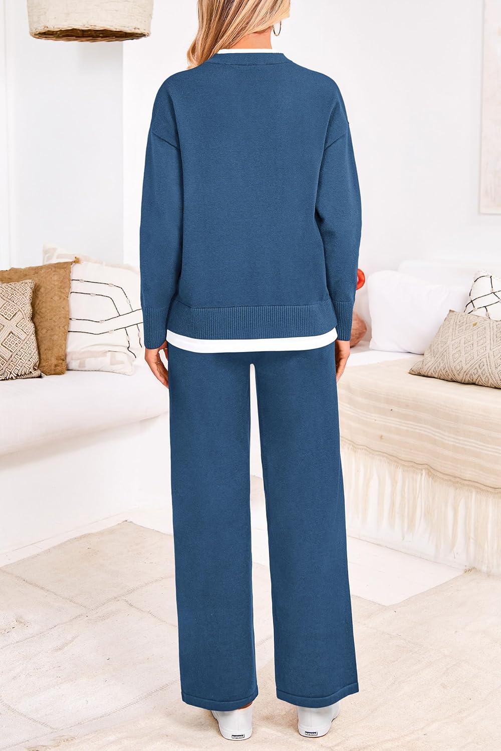 imagePRETTYGARDEN Womens Winter Two Piece Matching Sweater Lounge Sets Knit Long Sleeve Pullover Tops Wide Leg Pants Tracksuits Grey BlueMedium