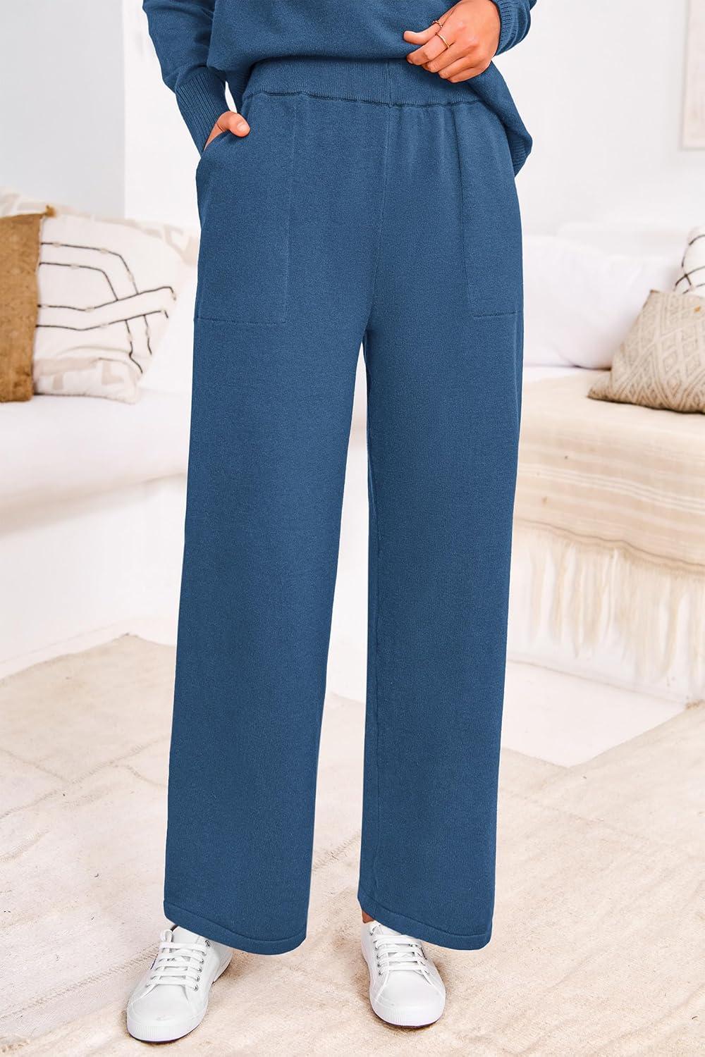 imagePRETTYGARDEN Womens Winter Two Piece Matching Sweater Lounge Sets Knit Long Sleeve Pullover Tops Wide Leg Pants Tracksuits Grey BlueMedium