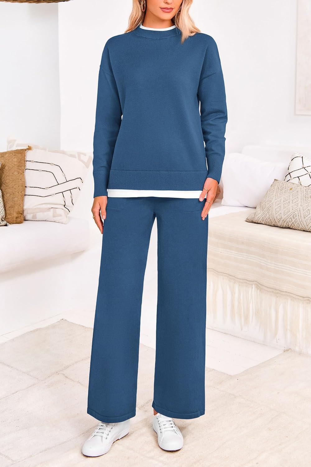 imagePRETTYGARDEN Womens Winter Two Piece Matching Sweater Lounge Sets Knit Long Sleeve Pullover Tops Wide Leg Pants Tracksuits Grey BlueMedium