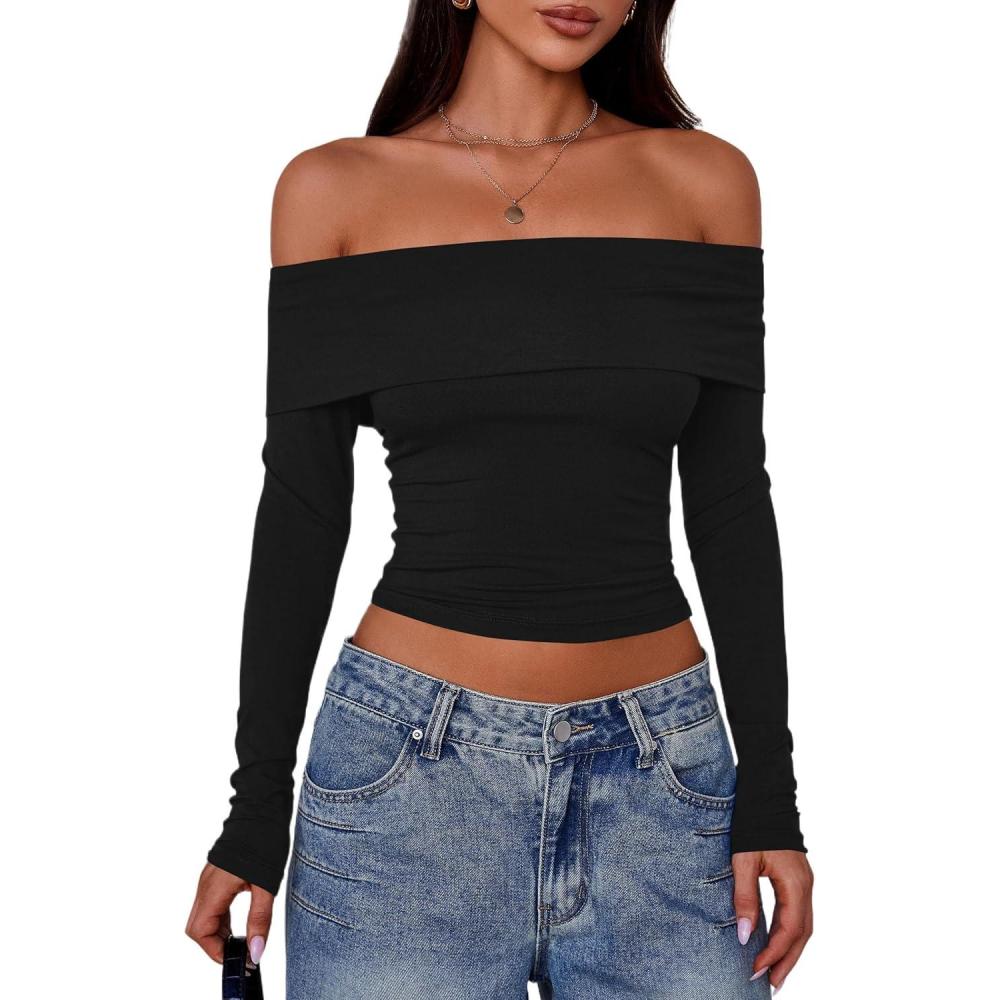 imagePRETTYGARDEN Off The Shoulder Tops for Women 2025 Long Sleeve Shirts Trendy Going Out Crop Top Spring Fashion ClothesBlack