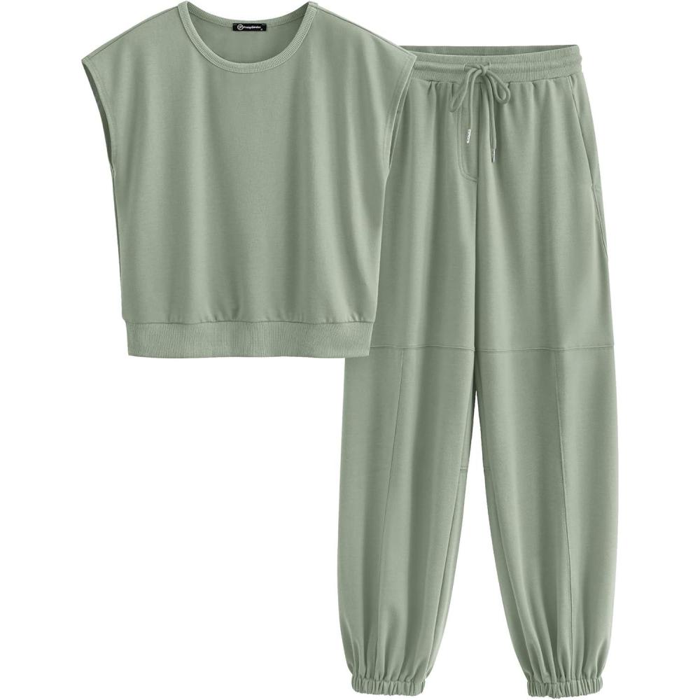 imagePRETTYGARDEN Two Piece Loungewear Outfits Cap Sleeve T Shirt Jogger Sweatpants Sweatsuit Set with Pockets Light GreenLarge