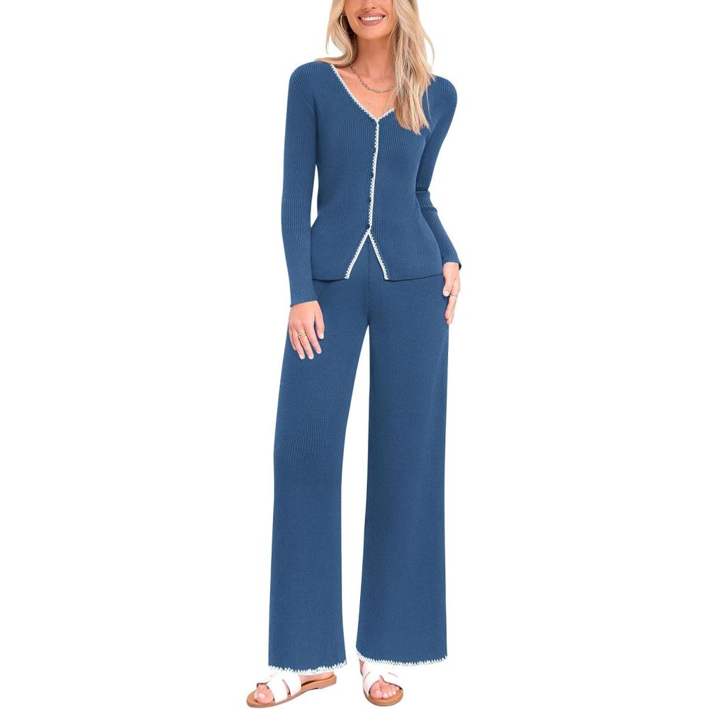 imagePRETTYGARDEN Womens 2 Piece Outfits 2024 Winter Knit Lounge Sets Long Sleeve Buttons Sweater Tops Wide Leg Pants Tracksuits Grey BlueSmall