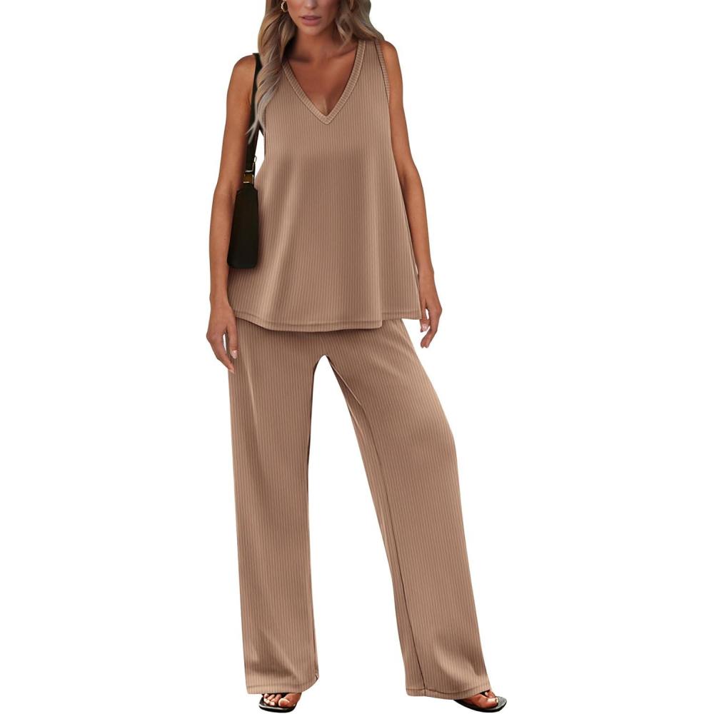 imagePRETTYGARDEN Womens 2 Piece Summer Tracksuits Sleeveless V Neck Tank Top Wide Leg Pants Casual Knit Outfit Sets