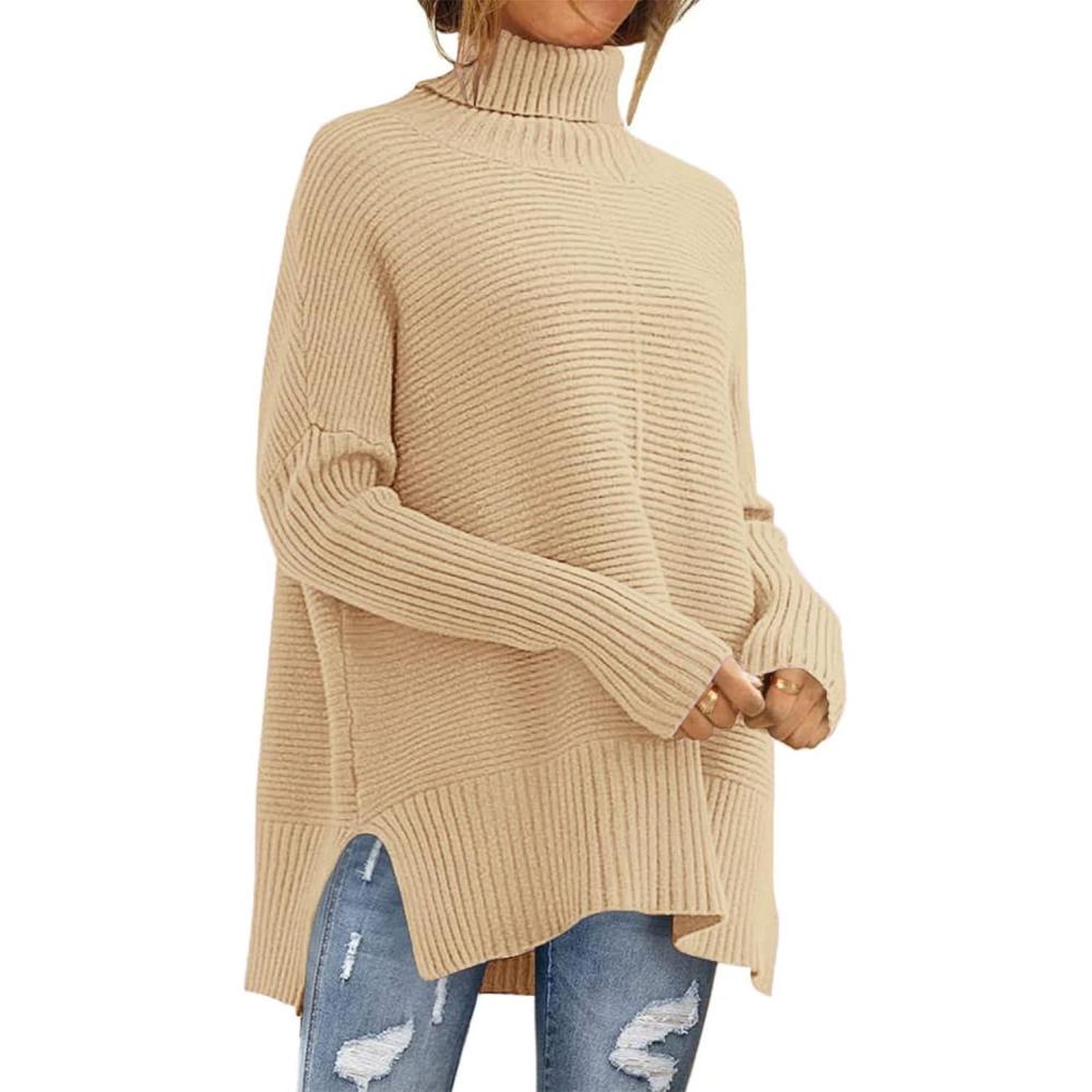 imagePRETTYGARDEN Womens 2023 Oversized Turtleneck Sweater Casual Long Sleeve Chunky Knit Pullover Winter Tops BlouseApricot