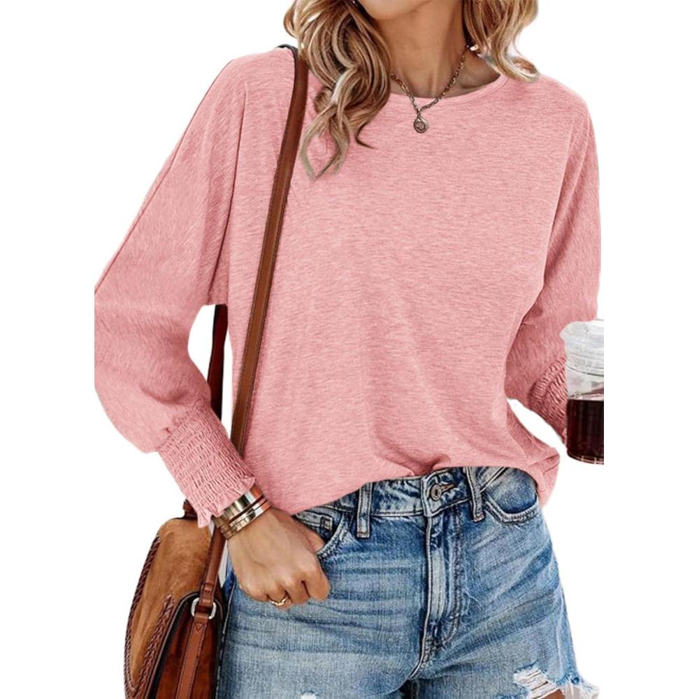 imagePRETTYGARDEN Womens 2025 Spring Fashion T Shirts Puff Long Sleeve Crewneck Casual Basic Tee Tops Blouses PinkMedium