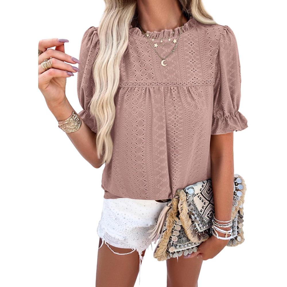 imagePRETTYGARDEN Womens 2025 Summer Tops Casual Crewneck Ruffle Short Sleeve Eyelet Babydoll Blouse Shirts Dusty PinkLarge