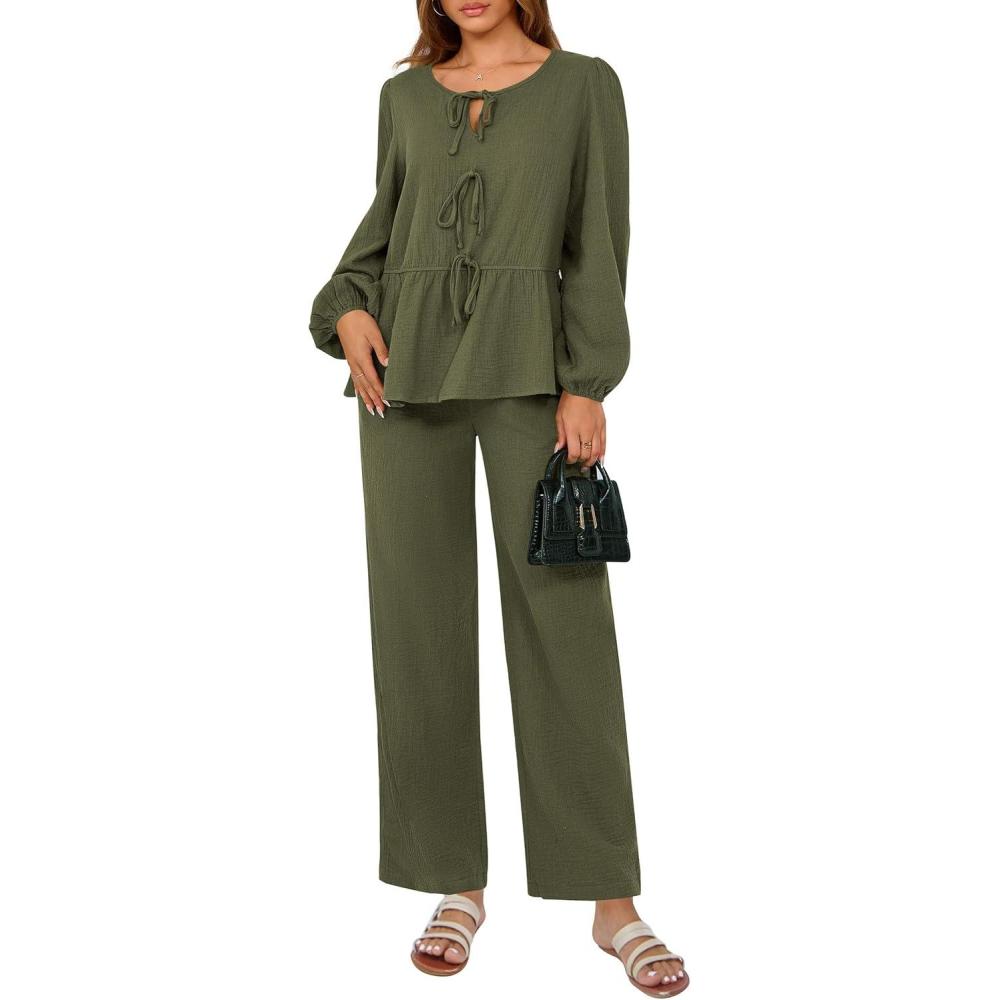imagePRETTYGARDEN Womens 2025 Two Piece Outfits Tie Front Long Sleeve Top Wide Leg Pant Lounge Sets Cute Matching LoungewearDark Green
