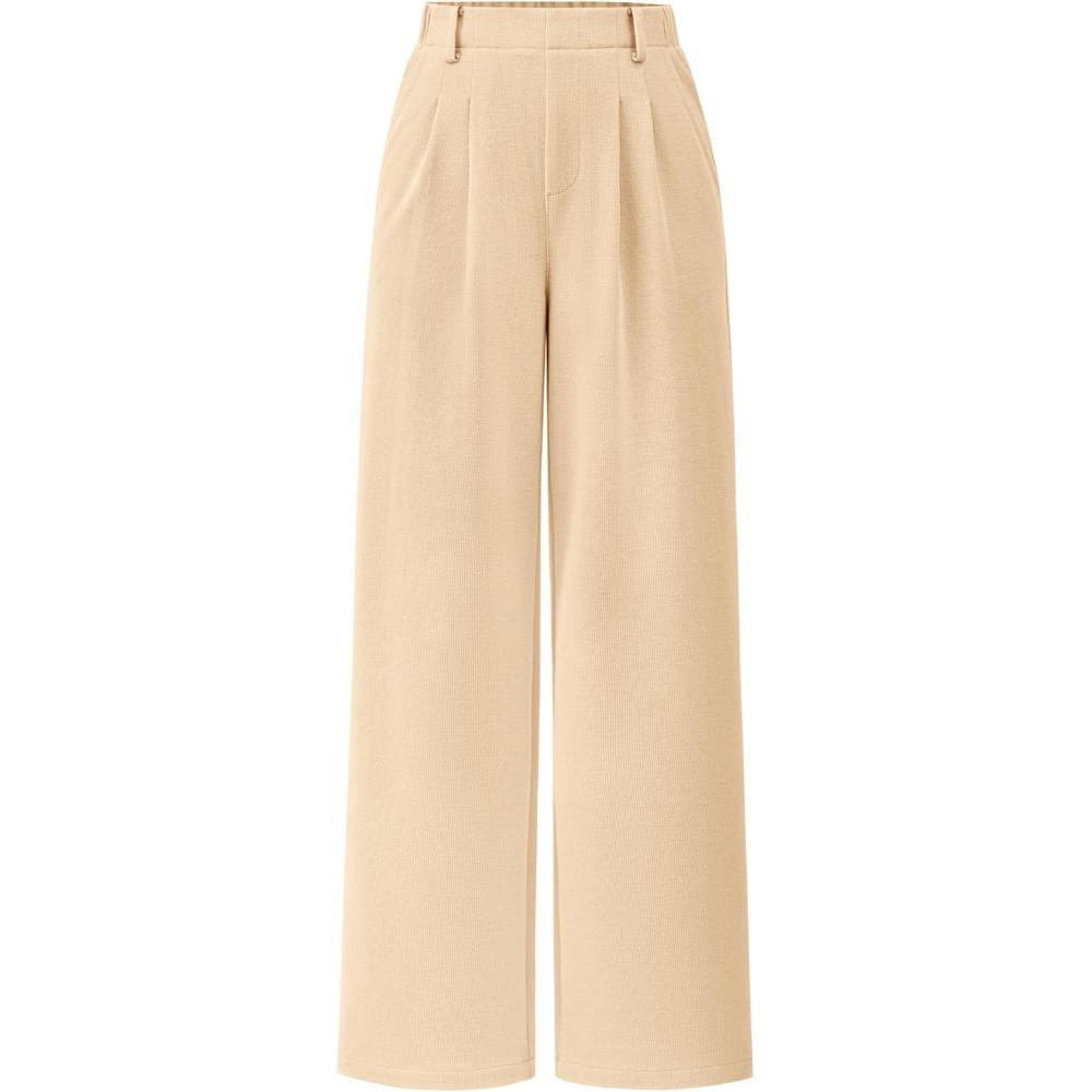 imagePRETTYGARDEN Womens Dress Pants Dressy Casual Palazzo High Elastic Waisted Wide Leg Work Office Trousers PantsBeige