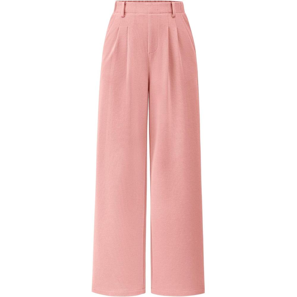 imagePRETTYGARDEN Womens Dress Pants Dressy Casual Palazzo High Elastic Waisted Wide Leg Work Office Trousers PantsPink