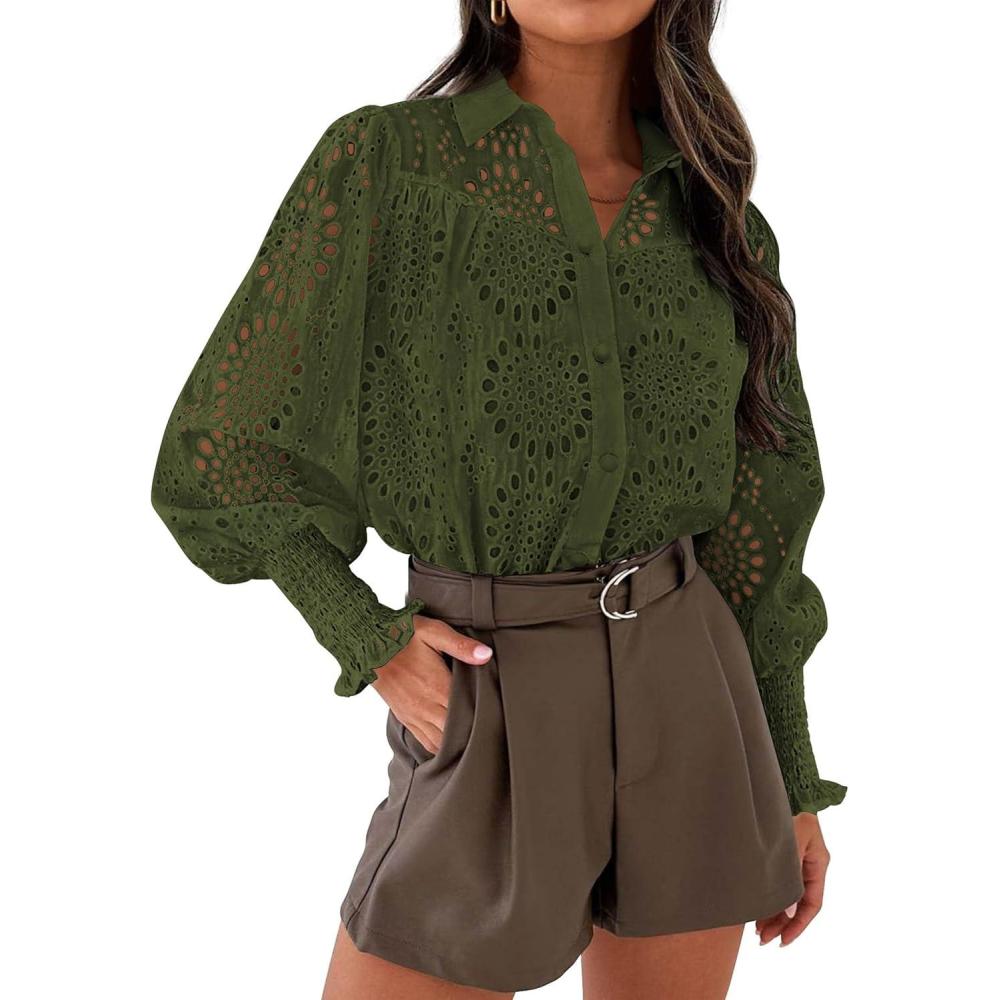 imagePRETTYGARDEN Womens Fall Button Down Shirts Dressy Casual Spring Long Puff Sleeve Eyelet Loose Fit Collared Blouse TopArmy Green