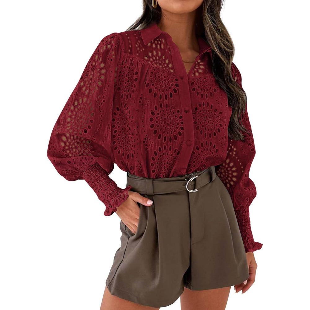 imagePRETTYGARDEN Womens Fall Button Down Shirts Dressy Casual Spring Long Puff Sleeve Eyelet Loose Fit Collared Blouse TopWine Red