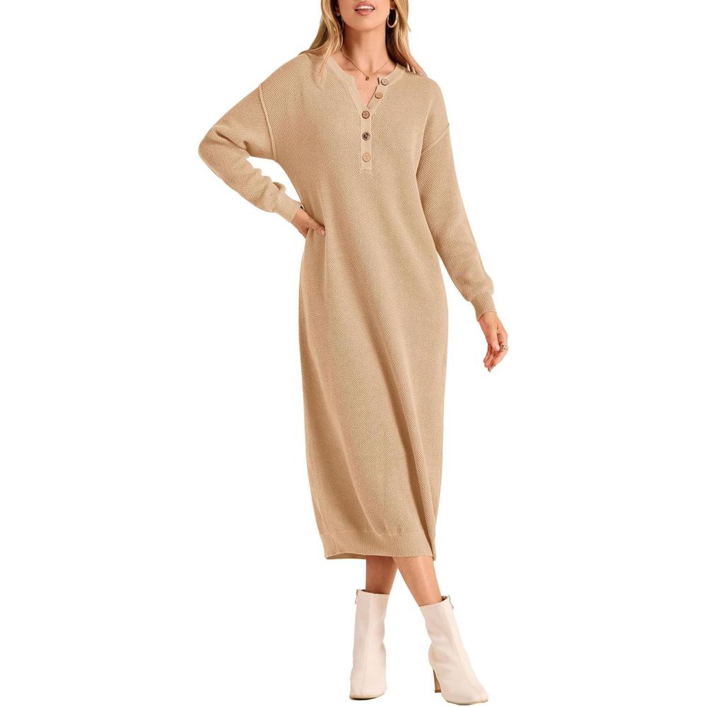 imagePRETTYGARDEN Womens Fall Knit Sweater Dress Long Sleeve Button V Neck Loose Casual Maxi Dresses