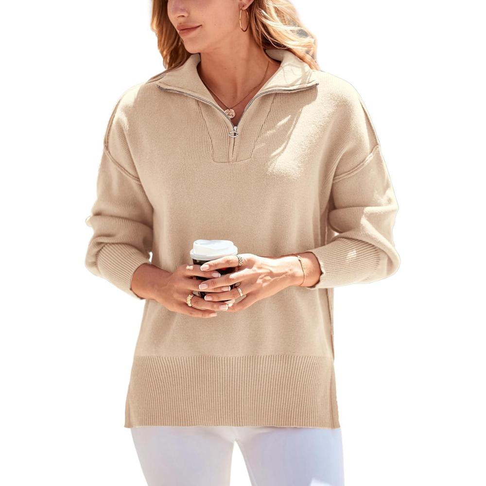 imagePRETTYGARDEN Womens Fall Oversized Sweaters Long Sleeve Casual 14 Zip Up Sweatshirts Pullover Tops BlouseApricot