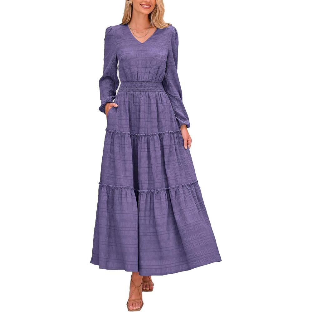 imagePRETTYGARDEN Womens Maxi Dress Casual Long Sleeve V Neck Smocked Waist Tiered Ruffle Flowy Cocktail Pocket DressesPurple