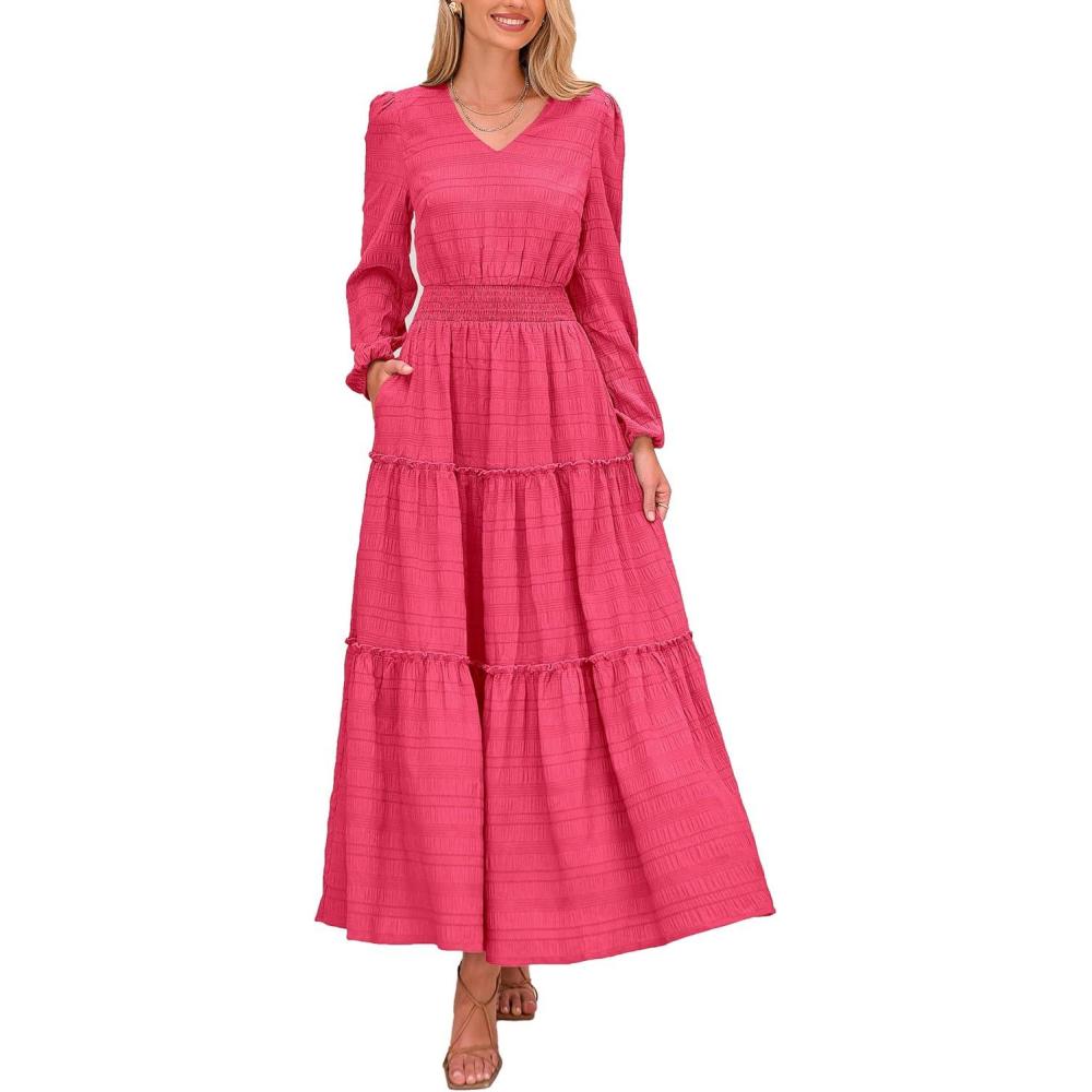imagePRETTYGARDEN Womens Maxi Dress Casual Long Sleeve V Neck Smocked Waist Tiered Ruffle Flowy Cocktail Pocket DressesRose Red