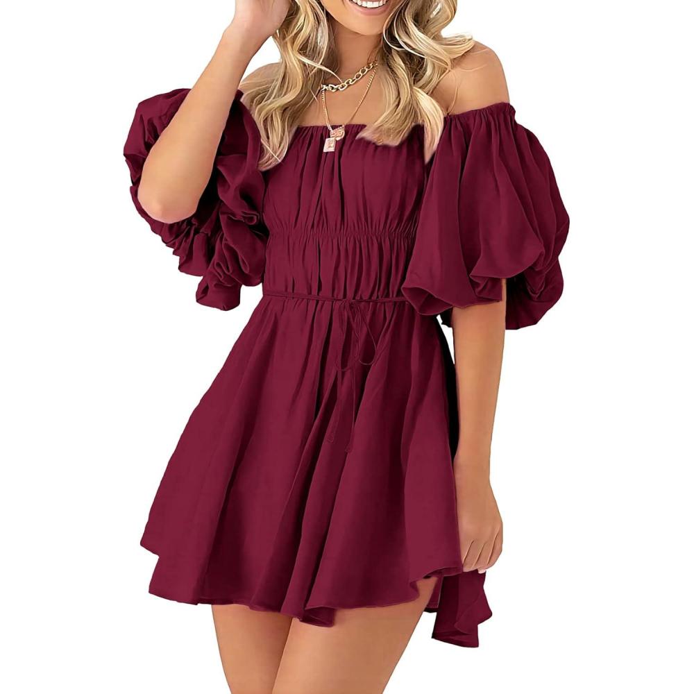 imagePRETTYGARDEN Womens Off The Shoulder Babydoll Dress Short Puff Sleeve Casual A Line Ruffle Summer DressesSolid Wine Red