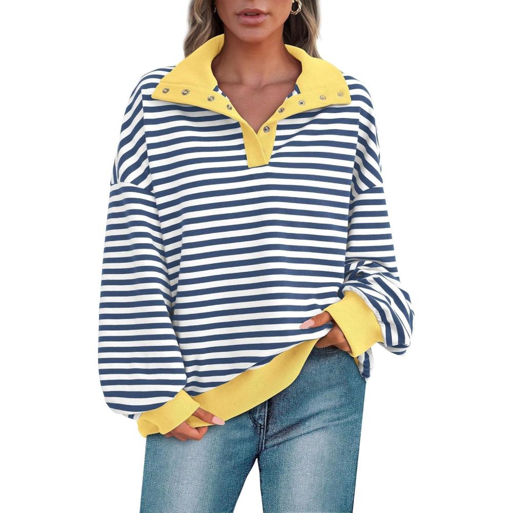 imagePRETTYGARDEN Womens Oversized Striped Sweatshirts Spring Fall Trendy Casual Long Sleeve Button Up Tops Shirt Preppy Clothes