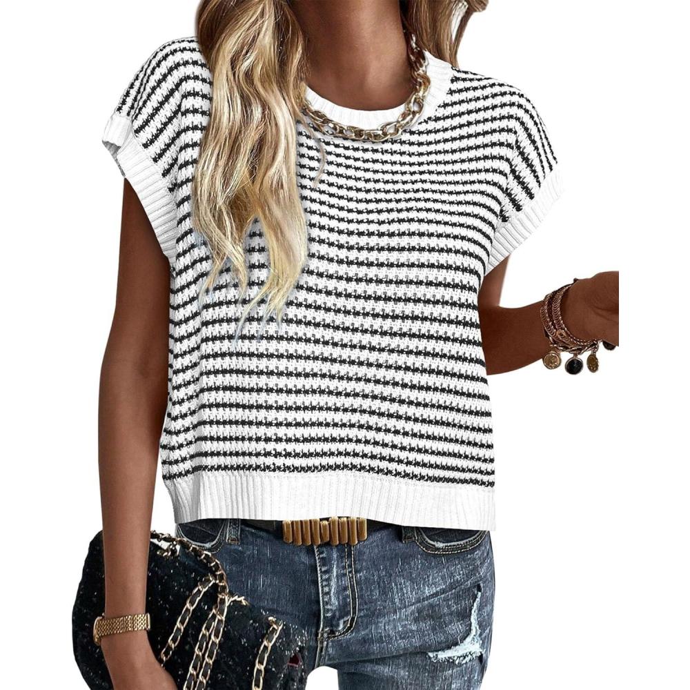 imagePRETTYGARDEN Womens Short Sleeve Sweater Spring Summer 2026 Round Neck Striped Pullover Cap Sleeve Knit Sweater Vest Tops