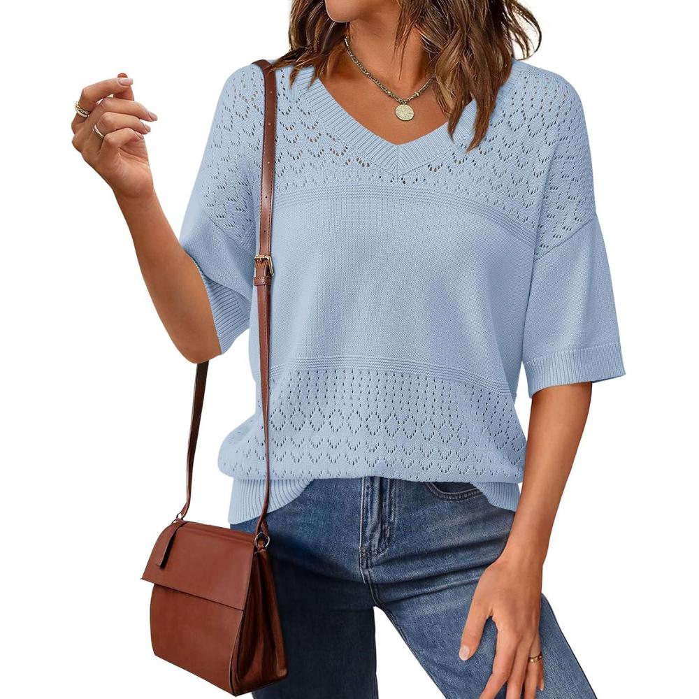 imagePRETTYGARDEN Womens Short Sleeve Sweater Tops 2026 Spring Summer Casual V Neck Ribbed Knit Trendy Eyelet Blouse T ShirtsLight Blue