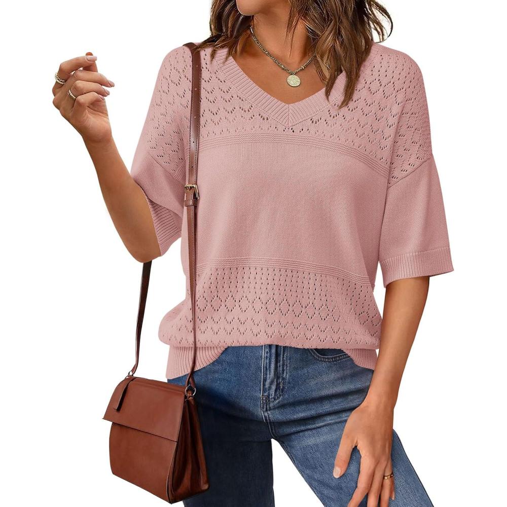 imagePRETTYGARDEN Womens Short Sleeve Sweater Tops 2026 Spring Summer Casual V Neck Ribbed Knit Trendy Eyelet Blouse T ShirtsPink